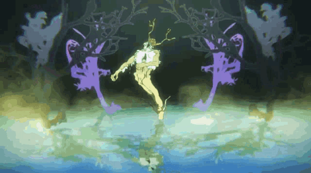 a drawing of a man with antlers standing in a body of water