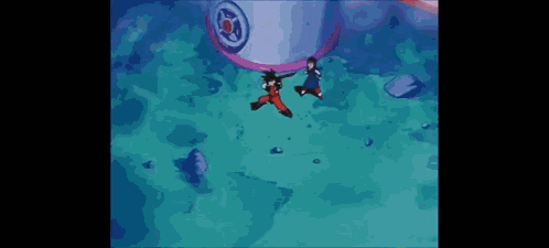a couple of cartoon characters are swimming in a pool of water .