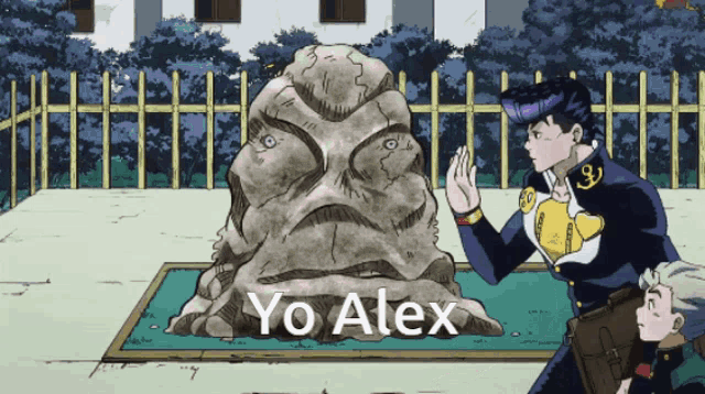 a cartoon of a man standing next to a rock with the words yo alex on it