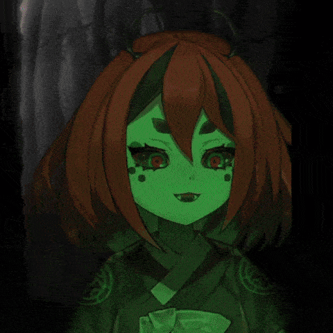 a drawing of a girl with red hair and red eyes