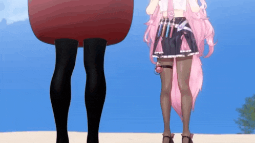 a girl with pink hair is standing next to a girl with black tights .
