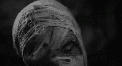 a black and white photo of a mummy with a bandage around his head .