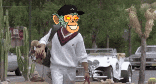 a man wearing a monkey mask and a hat with the letter n on it
