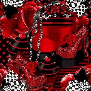 a pair of red high heels surrounded by red roses and a necklace