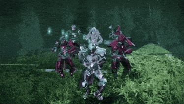 a group of warriors are standing in a grassy area
