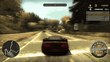 a video game shows a car driving down a road with a speedometer that reads 138 mph