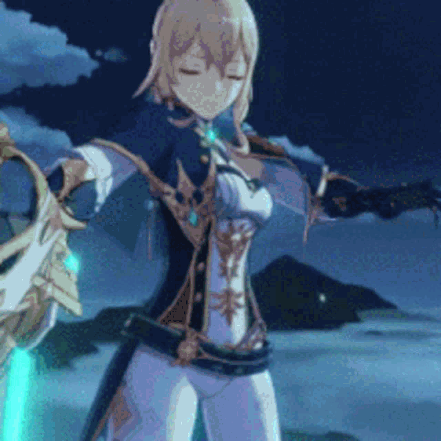 a girl in a video game is holding a sword in her hand .