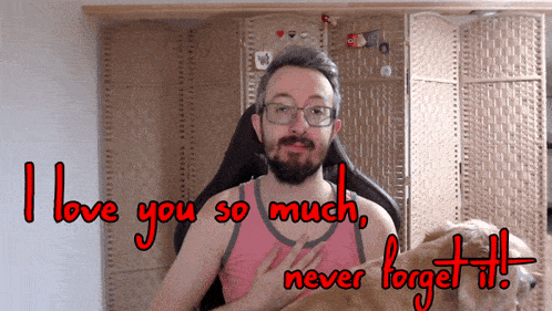 a man with glasses holds a dog and says " i love you so much "