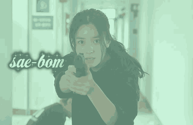 a woman pointing a gun with the word sae-bom in the corner