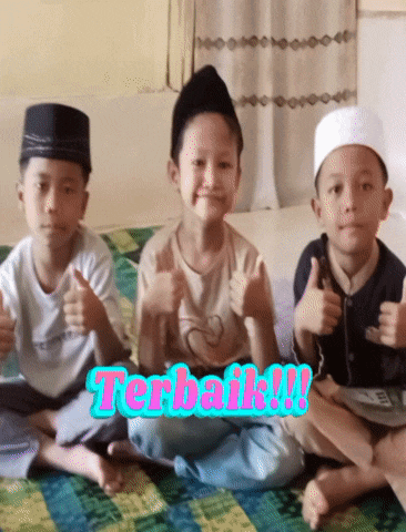 three young boys are giving a thumbs up with the word terbaik written in blue