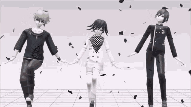 a group of three anime characters are dancing together