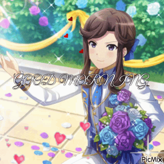 a picture of a girl holding a bouquet of flowers with the words good morning written above her