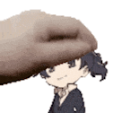 a cartoon character wearing a hat and a bow tie is being touched by a hand .