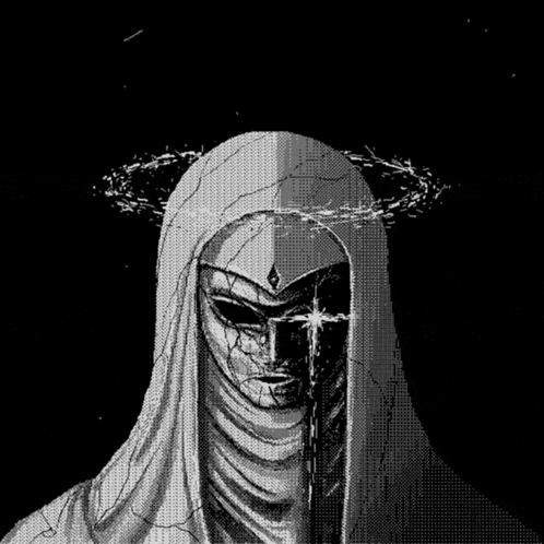 a black and white drawing of an angel with a crown of barbed wire around his head