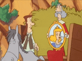 a cartoon of a man holding a picture of a woman in a mirror