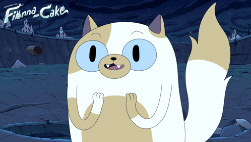 a cartoon cat with blue eyes and the words finna and cake behind it