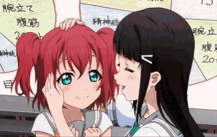 two anime girls are touching each other 's faces in front of a sign that says 20