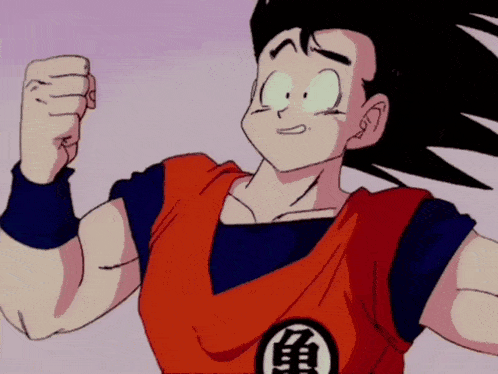 a close up of a cartoon character with a chinese symbol on his chest
