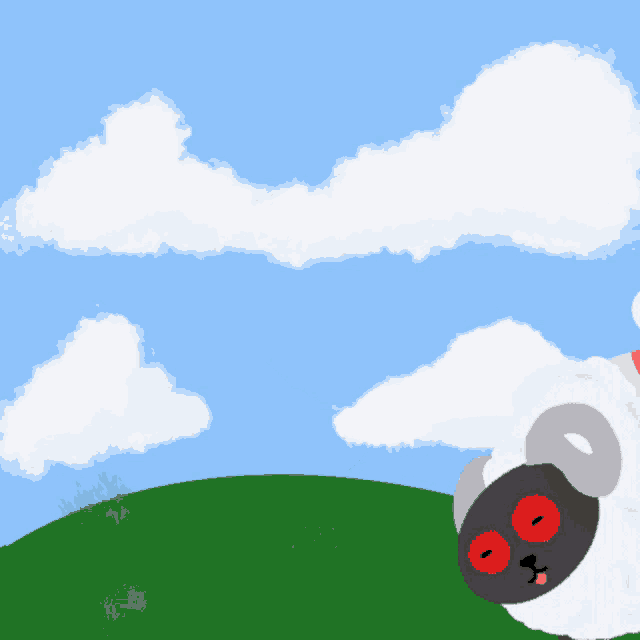 a drawing of a sheep with red eyes standing on a grassy hill