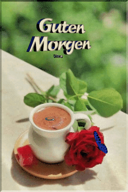 a cup of coffee sits on a saucer next to a red rose with a blue butterfly on it
