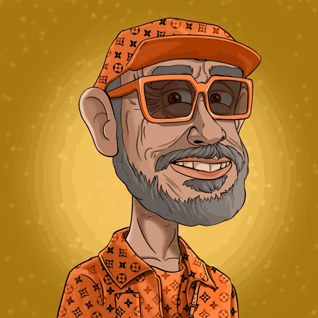 a cartoon of a man with a beard wearing sunglasses and a louis vuitton shirt