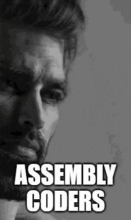 a man with a beard and the words `` assembly coders '' on his face .