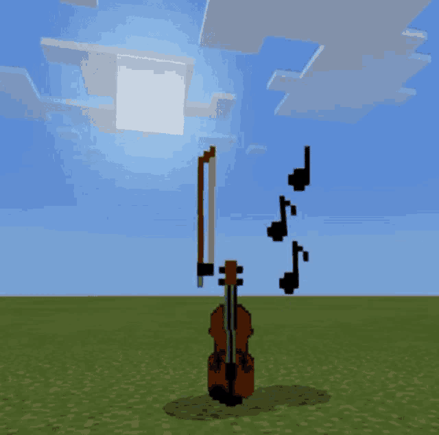 a violin in a video game with music notes coming out of it 's bow