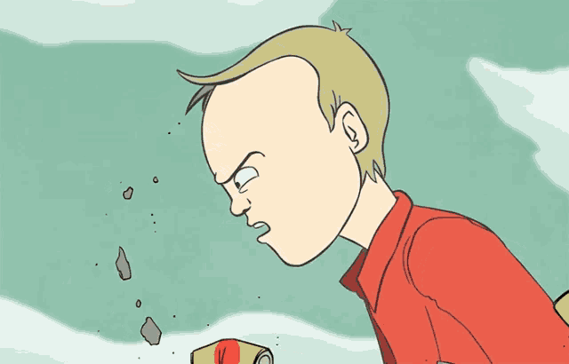 a cartoon of a boy with a can of soda and the word shut below him