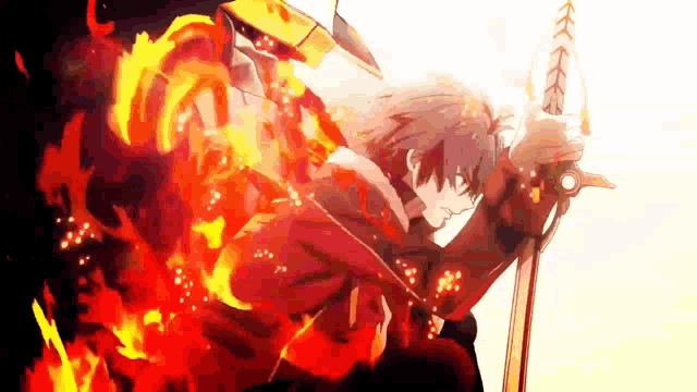 a man is holding a sword in his hands in front of a fire .