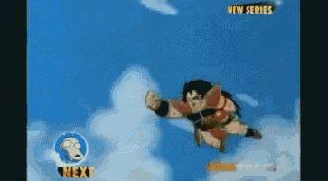 a cartoon character is flying through the air next to a sign that says " next "