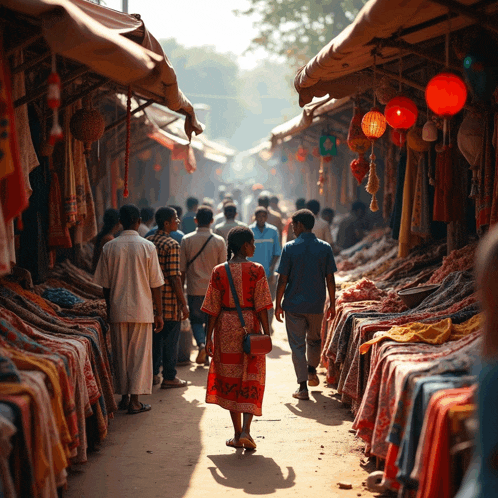 a woman in a red dress is walking down a market