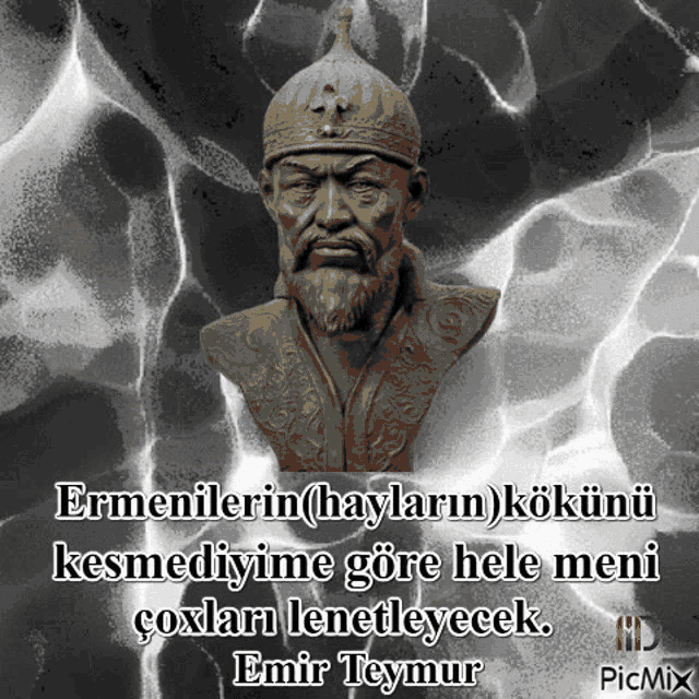 a statue of a man with a beard and a crown on his head with a quote from emir teymur