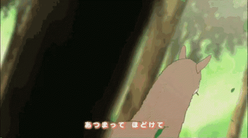 a cartoon llama is standing next to a tree in a forest with japanese writing on the bottom