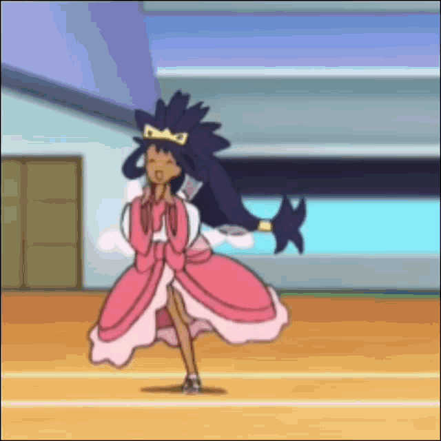 a cartoon character is wearing a pink dress and a tiara while dancing on a court .