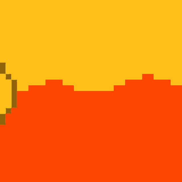 a pixel art drawing of a circle with squares in it on a yellow and orange background