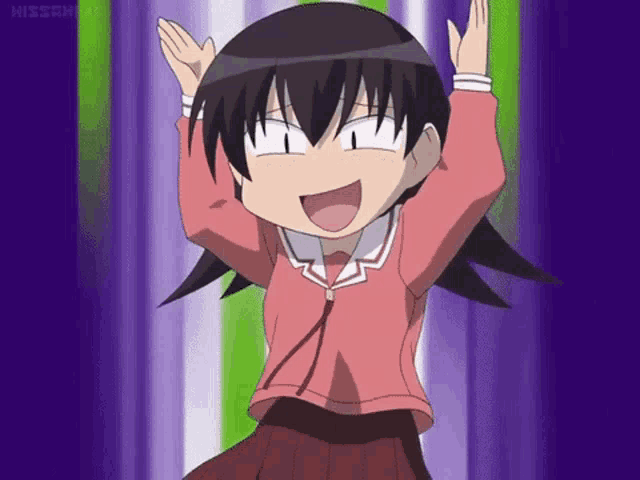a cartoon girl is making a funny face with her hands up in the air