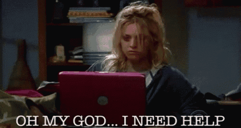 a woman is sitting on a couch holding a pink laptop and saying oh my god i need help
