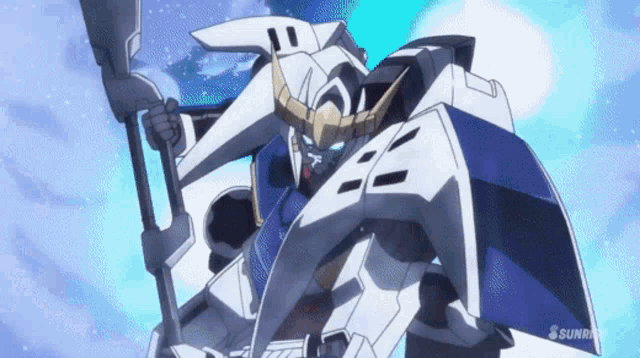 a cartoon of a robot with a sword and shield says sunrise on the bottom