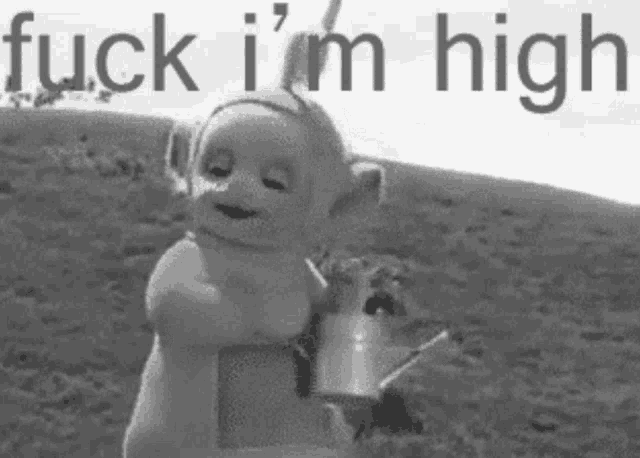 a black and white photo of a teddy bear with the words " fuck i 'm high " above it