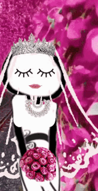 a drawing of a woman wearing a tiara holding a bouquet of roses