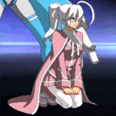 a pixel art of a girl in a pink and white outfit