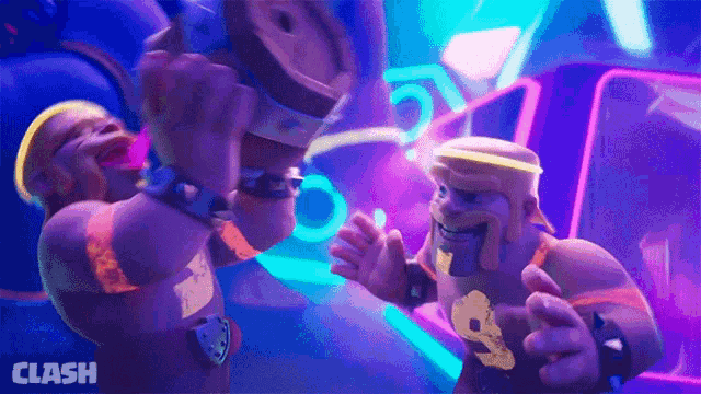 two clash characters are standing next to each other in a neon room