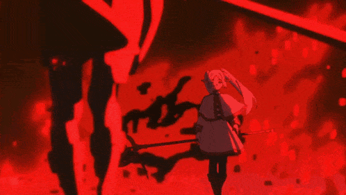 a woman with long hair is standing in a dark room with a red light behind her