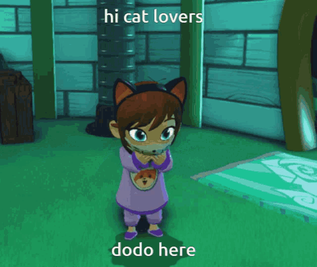 a cartoon girl blowing a red bubble with the words hi cat lovers dodo here below her