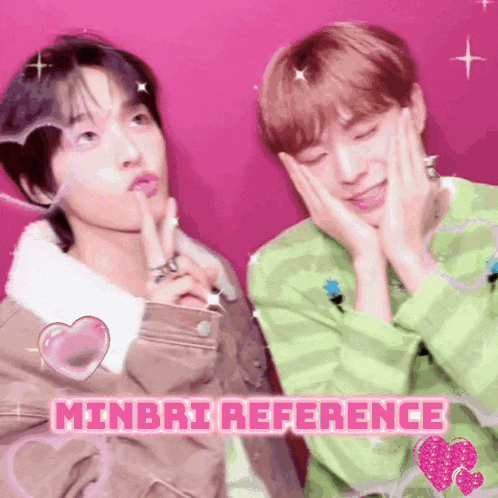 two young men are posing for a picture and the words minbri reference are on the bottom