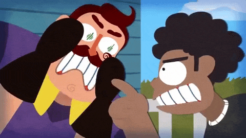 a cartoon of a man with a beard pointing at another man with big teeth