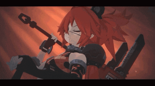 a girl with red hair is holding a sword in her hand