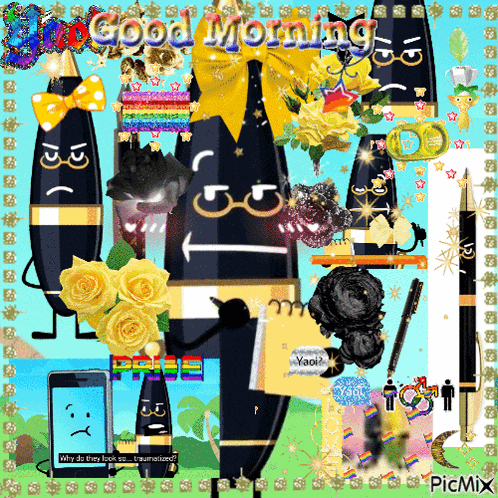 a collage of cartoon characters with the words good morning written in the middle