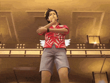 a man in a red shirt and shorts is standing in a room