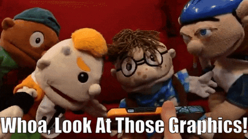 a group of stuffed animals with the words whoa look at those graphics written below them